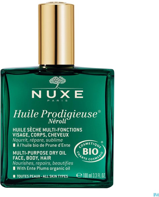 Groene Nuxe Huile Prodigieuse Néroli fles met gouden dop. Bevat 100ml.