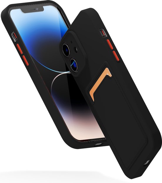 Zwarte hoes met kaarthouder naast een iPhone met blauw scherm, rood accent op knop.