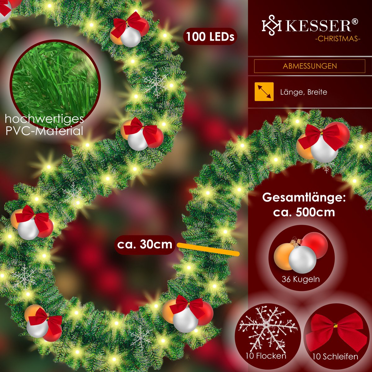 KESSER® Guirlande met verlichting - Kerstguirlande LED Kerstslinger Kerstversiering Kerstdecoratie – foto 8