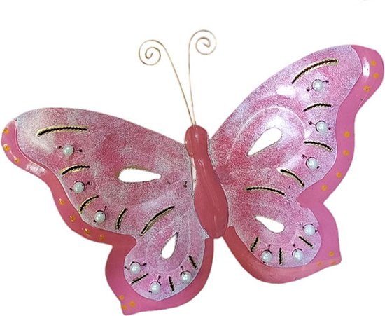 Floz Design metalen vlinder - decoratievlinder voor aan de muur - binnen of buiten - 23 x 29 cm - roze vlinder - fairtrade