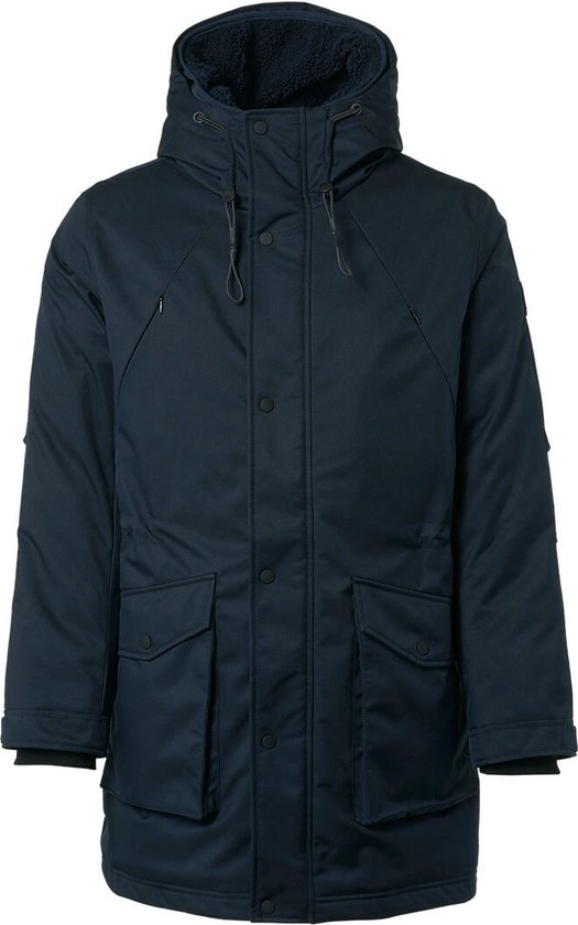 Donkerblauwe parka met capuchon en grote voorzakken.