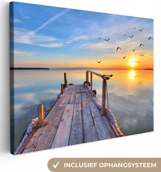 Foto: Canvas schilderij steiger in het water 80x60 kamer decoratie accessoires schilderijen woonkamer natuur wanddecoratie slaapkamer muurdecoratie keuken wanddoek interieur binnen woondecoratie huis woonaccessoires zonsondergang