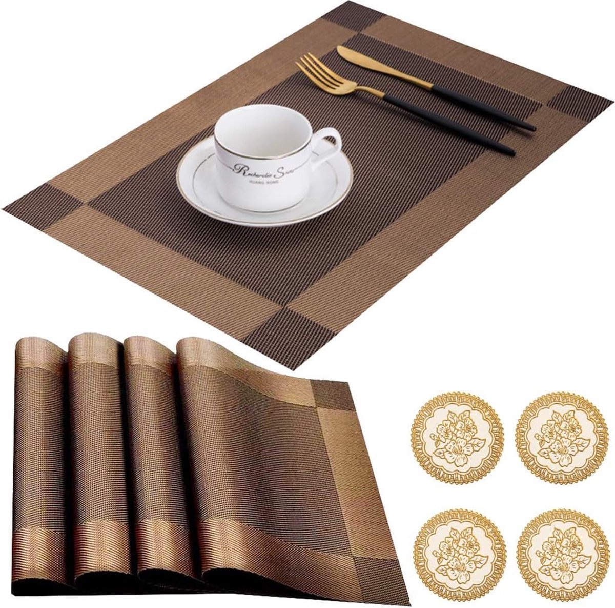 4-delige rechthoekige placemat en 4-delige ronde onderzetter, onder vinyl, pvc, gevlochten, keuken, restaurant, eetkamer, design, bruiloft, vintage, kunststof, siliconen, wasbaar, bruin