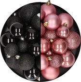 Kerstballen 60x stuks - mix oudroze/zwart - 4-5-6 cm - kunststof - kerstversiering