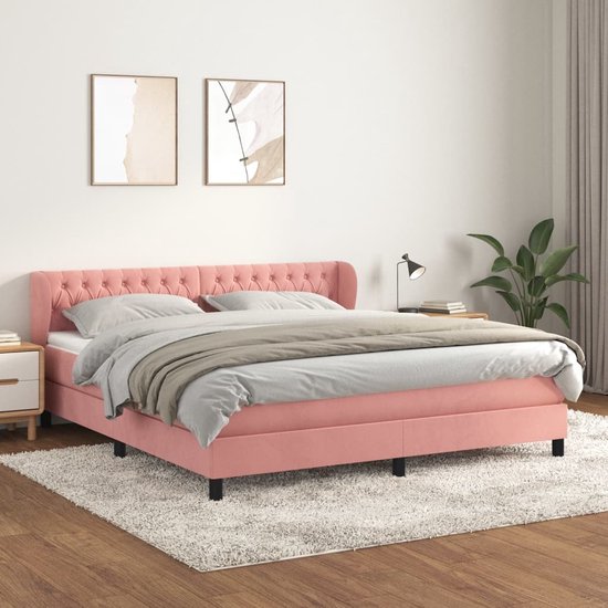 vidaXL - Boxspring - met - matras - fluweel - roze - 160x200 - cm