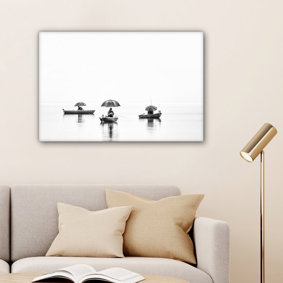 Peinture sur toile - Homme - Bateau - Pêche - Parapluie - Water - Peintures sur toile - 60x40 cm - Photo sur toile - Canvasdoek