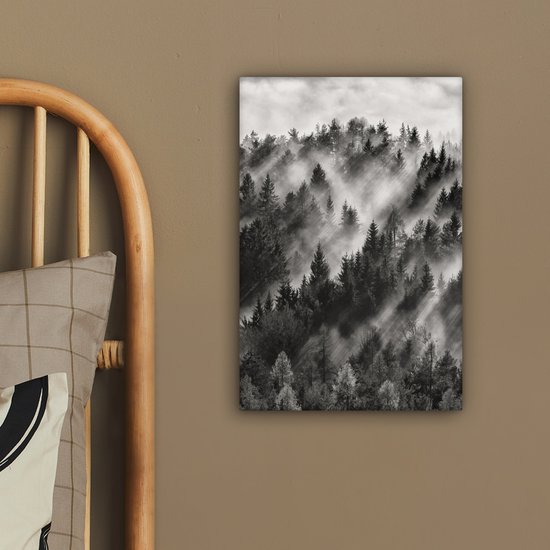 Peinture sur toile - Arbres - Brouillard - Forêt - Paysage - Peintures sur toile - 20x30 cm - Photo sur toile - Canvasdoek