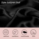 Close-up van zwart satijnstof met glanzende textuur. Iconen: ademend, hydraterend, huidvriendelijk, zacht.