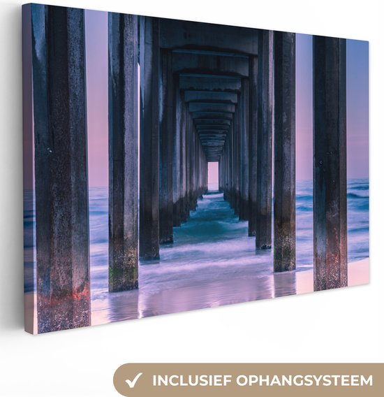 Peinture sur toile - Photo sur toile - Jetée - Plage - Mer - Violet - Vagues - Décoration murale - 180x120 cm - Canvasdoek - Photo sur toile