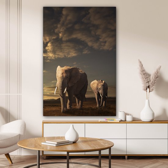 Peinture sur toile - Photo sur toile - Éléphant - Soleil - Nuages ​​- Paysage - Animaux - Décoration murale - 90x140 cm - Tableaux sur toile salon