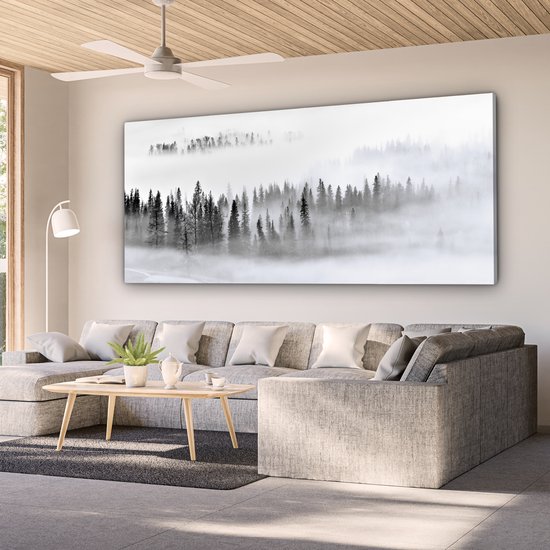 Peinture sur toile - Arbres - Brume - Forêt - Nature - Canvasdoek - 160 x 80 cm - Photo sur toile - Peinture de nature