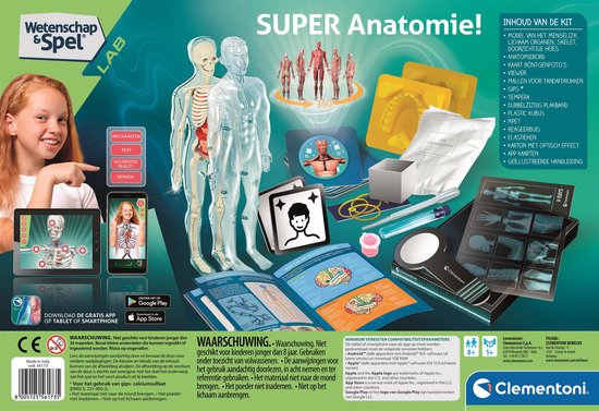 Doos van Clementoni Super Anatomie met anatomische modellen, onderdelen en studiemateriaal.