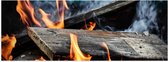 Poster Glanzend – Kampvuur - Vlammen - Hout - Branden - Rook - 90x30 cm Foto op Posterpapier met Glanzende Afwerking