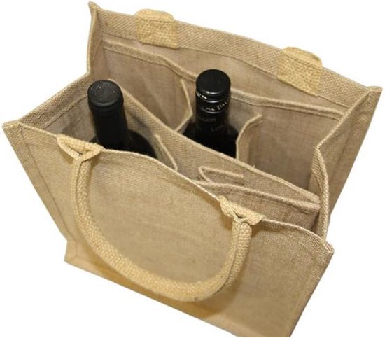 1x Jute boodschappentassen/strandtassen voor 6 flessen 29 x 27 cm naturel - Wijnflessen tas - Draagtassen met hengsels - Trendy tas - Merkloos