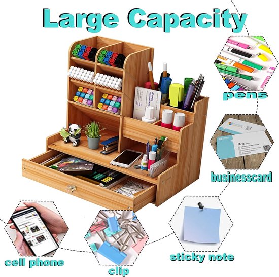 Houten bureau-organizer met lade, wit, grote capaciteit, doe-het-zelf pennenhouder