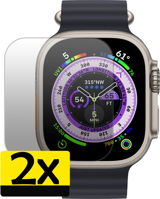 Een smartwatch met een ronde wijzerplaat en een grijze band. De screenprotector is boven het scherm geplaatst. Een geel kader met "2x" staat linksonder.