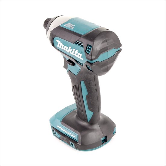 Makita slagschroevendraaier met zwarte grip, turquoise accenten en zilveren details.