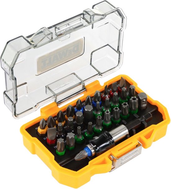 Gele DeWalt bitset in open, doorzichtige kunststof cassette. De set bevat diverse schroefbits en een bithouder.