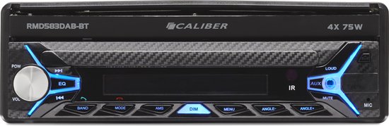 Caliber autoradio RMD583DAB-BT met geborsteld carbon patroon, blauwe verlichting en touchscreen.