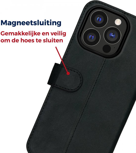 Rosso Deluxe Étui en Cuir véritable pour Apple iPhone 15 Pro | Espace pour trois cartes | Étui portefeuille | Avec porte-cartes | Noir