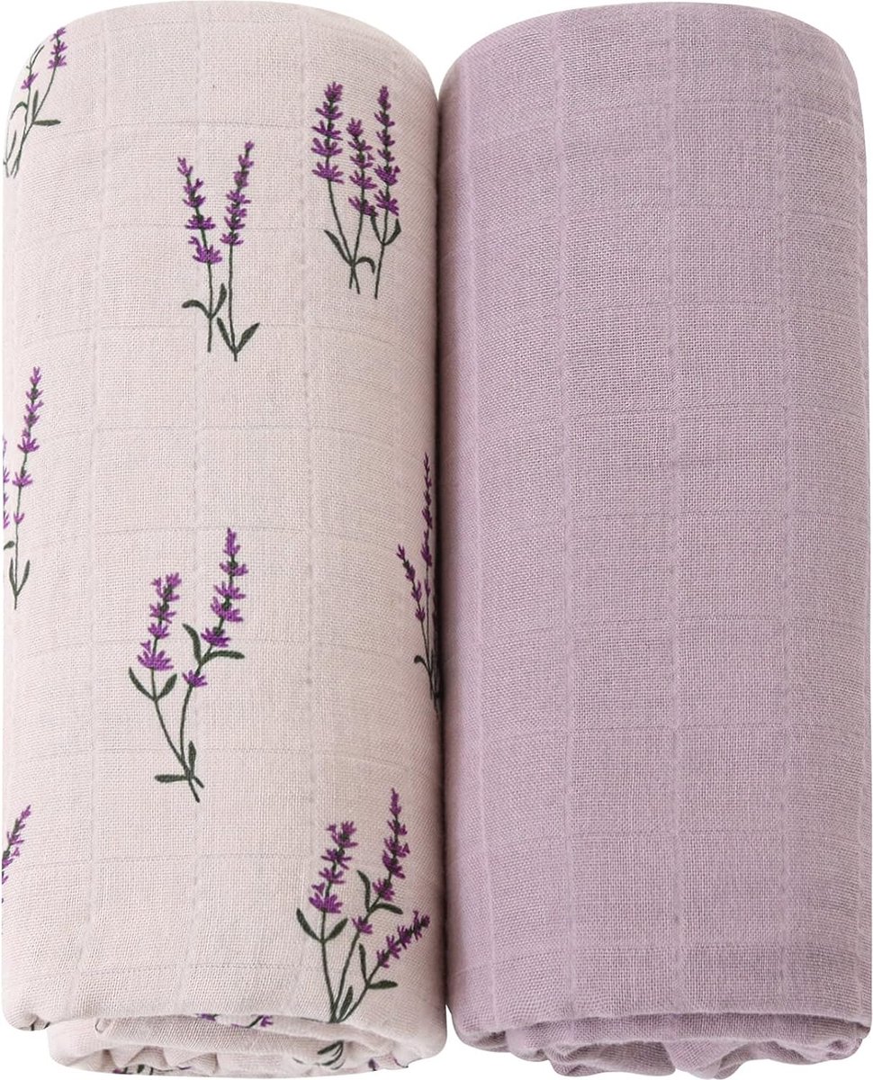 LifeTree baby mousseline inbakerdeken doeken - 2 stuks 120 x 120 cm 100% biologisch katoen baby inbakerdoeken voor jongens en meisjes, lavendel mauve