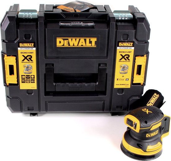 DeWalt TSTAK koffer en zwarte/gele excenterschuurmachine met stofzak, voor 18V XR.