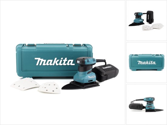 Collage van een turquoise Makita opbergkoffer, schuurmachine met accessoires en close-up van de koffer.