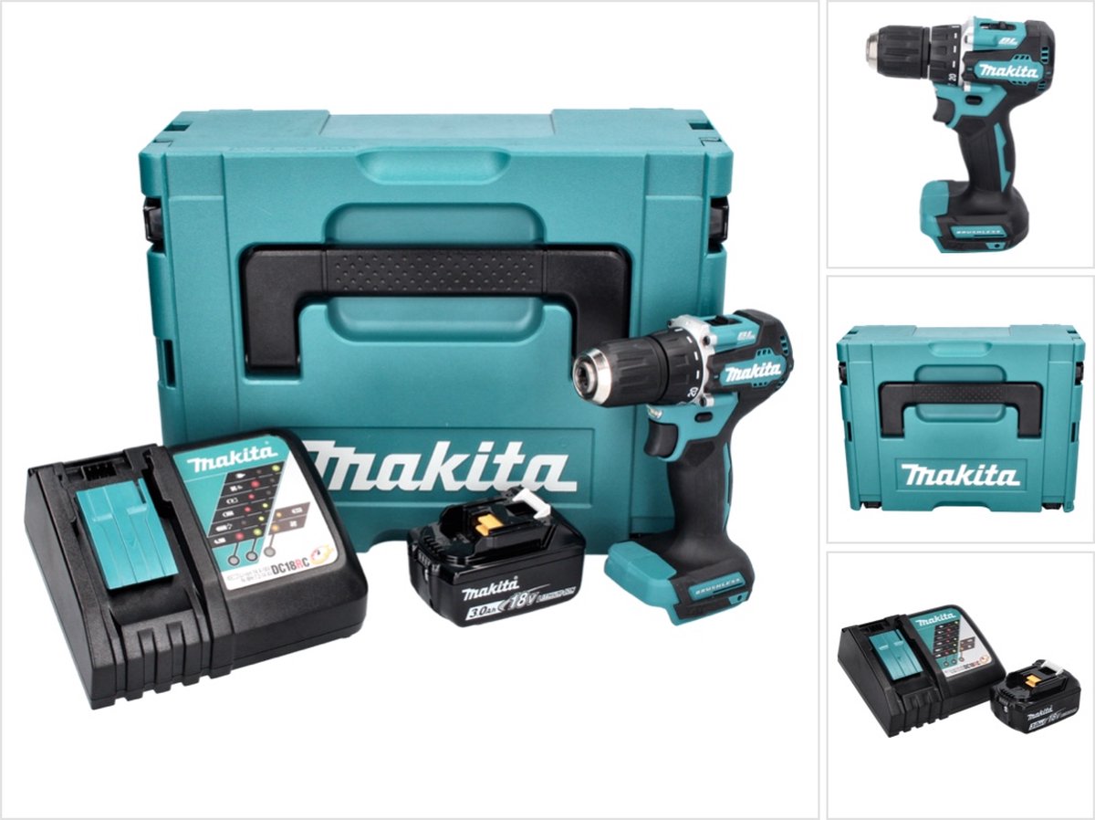 Makita DDF 487 RF1J accuboormachine 18 V 40 Nm borstelloos + 1x oplaadbare accu 3.0 Ah + lader + Makpac
