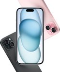 Roze iPhone 15 Plus en donkergrijze iPhone, met roze en blauwe achtergronden op schermen.