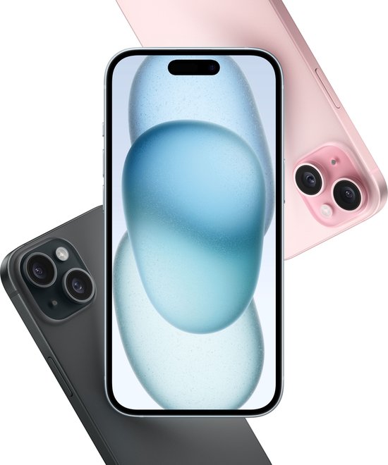 Roze iPhone 15 Plus en donkergrijze iPhone, met roze en blauwe achtergronden op schermen.