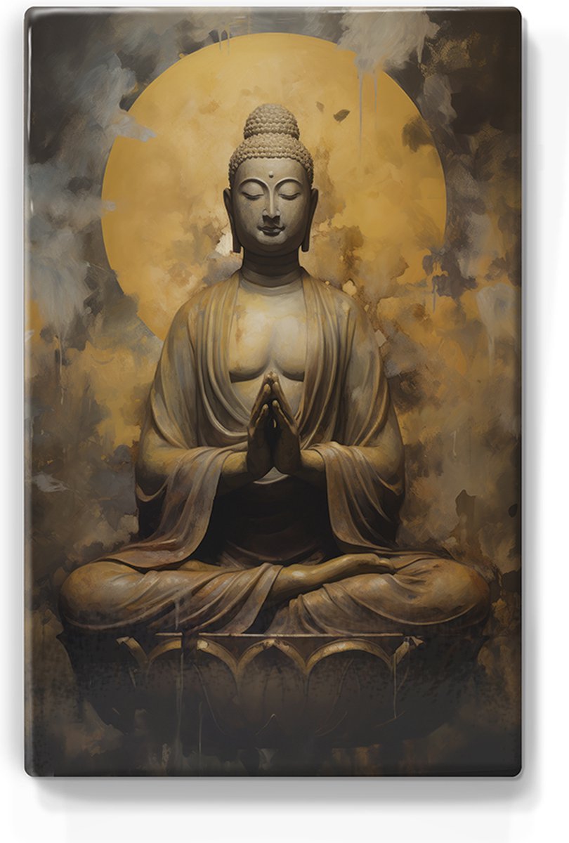 Boeddha met gevouwen handen - Laqueprint - 19,5 x 30 cm - Niet van echt te onderscheiden handgelakt schilderijtje op hout - Mooier dan een print op canvas. - LP505