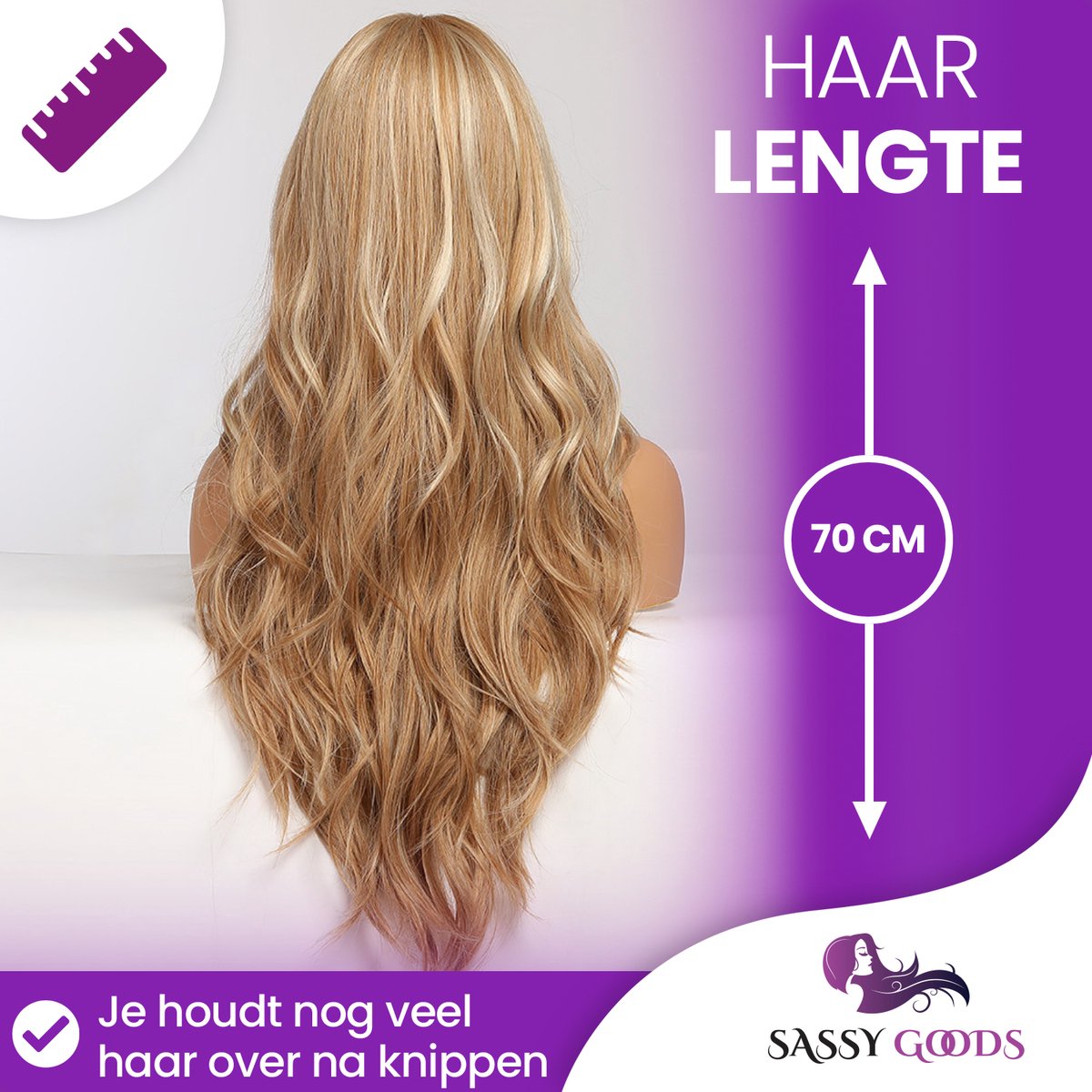 SassyGoods Blonde Pruik met Highlights- Pruiken Dames Lang Haar - Haarwerk - Haren Vrouwen - Verstelbaar - Wasbaar - Blond - 70 cm — afbeelding 7