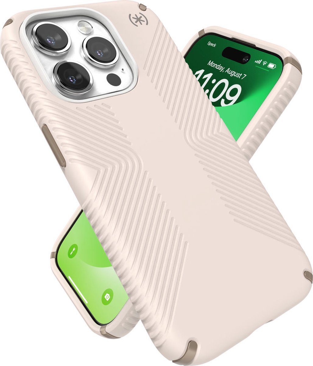 Speck hoesje geschikt voor Apple iPhone 15 Pro - Ultieme Bescherming en Grip - Luxe Soft-touch Afwerking - Valbescherming gecertificeerd tot 4 meter - Microban Antibacterieel - Presidio2 Grip lijn - Beige Geel