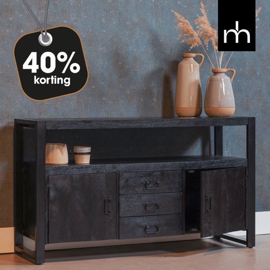 Mangohouten Dressoir Britt Black 140 cm met 3 lades en 2 deuren Mahom Industrieel - Dressoir van Mangohout & Metaal - Industriële Dressoir