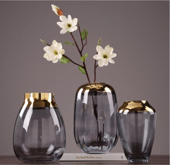 KaiaHome Vazenset - Grijs Glas met Gouden Details - Drie Verschillende Maten - Elegant en Modern - Decoratie woonkamer