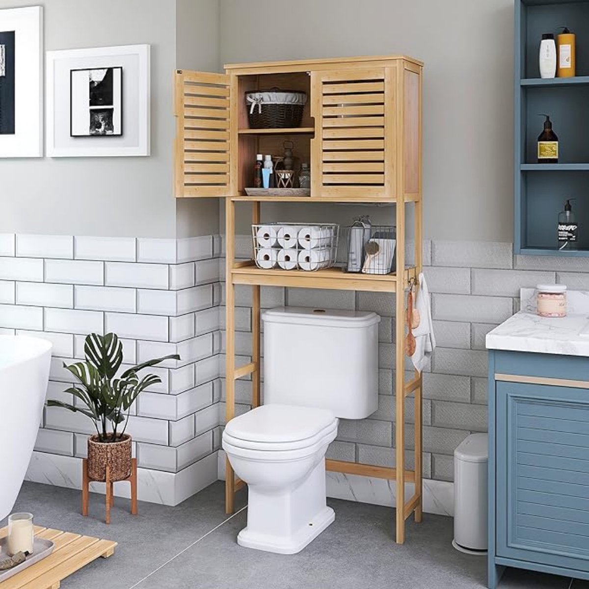 HITNET Badkamer Wandkastje, Bamboe Medicijnkastje met Enkele Deur en Verstelbare Plank, Hangende Opberg Organiser Boven het Toilet voor Badkamer, Woonkamer, Keuken, Natuurlijk