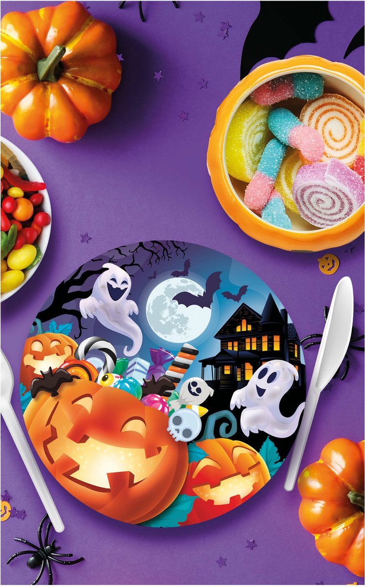 Halloween wegwerp servies set -serveert 24 - Hemoton papier servies Halloween feestbenodigdheden inclusief 24 papieren platen, 48 servetten en 24 kopjes