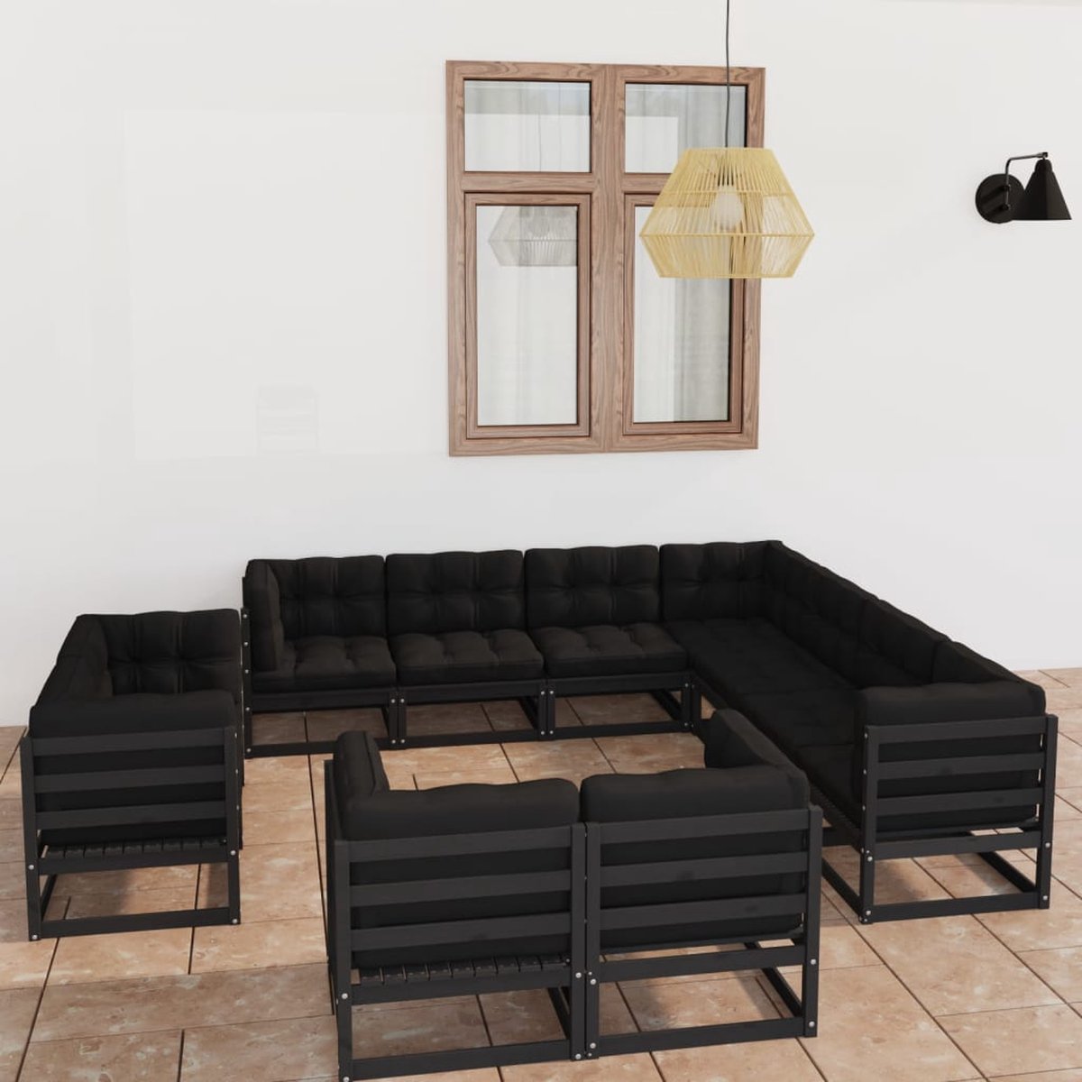 The Living Store 11-delige Loungeset met kussens massief grenenhout zwart - Loungeset - Tuinset - Houten Loungestoel - Tuinstoel - Buis Stoel
