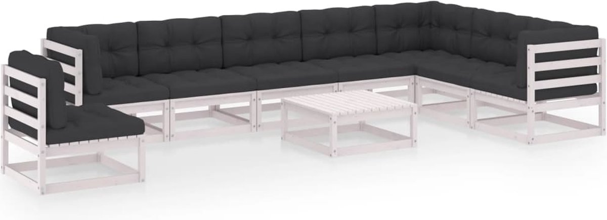 The Living Store 9-delige Loungeset met kussens massief grenenhout wit - Loungestoel - Tuinstoel - Lounge Set - Buitentijdbank - Houten Bank