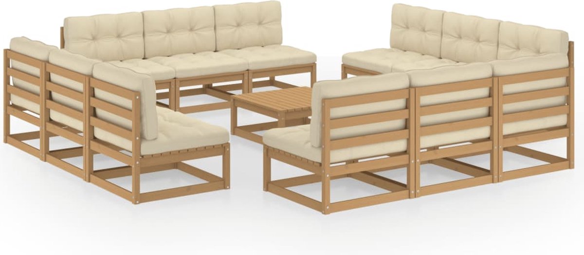 Massief grenenhouten loungeset met kussens en houten bank - Tuinmeubel.