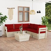 The Living Store Pallet Lounge Set Jardin - 6 pièces - 60 x 60 cm - Bois d'épicéa imprégné - Coussins rouge vin