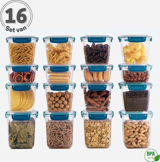Set de 16 Boîtes de conservation à lunch Blauw Prep de repas - Conteneurs pour aliments Set - Conteneurs pour aliments frais - Boîtes de conservation frais - Conteneurs pour micro-ondes - Tavas