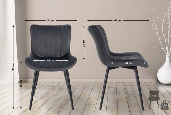CLP Largo Set de 2 chaises de salle à manger - Sans accoudoirs - Structure en métal - Velours gris foncé