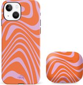 xoxo Wildhearts siliconen hardcase hoesje + Airpods Pro 1/2/Pro 2 hoesje - Geschikt voor iPhone 14 en Airpods Pro 1/2 en Pro 2 - Boogie Wonderland Orange - Double Layer telefoonhoesje - Oranje - Roze - Hoesje met print