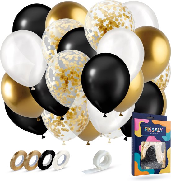 Fissaly 40 stuks Goud, Zwart & Wit Helium Ballonnen met Lint – Versiering Decoratie – Papieren Confetti – Latex