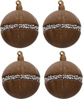 HAES DECO - Kerstballen Set van 4 - Formaat (4) Ø 8x8 cm - Kleur Bruin - Materiaal Glas - Kerstversiering, Kerstdecoratie, Decoratie Hanger, Kerstboomversiering