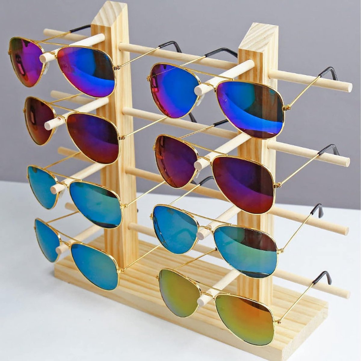 Creatief houten zonnebrilrek, brilstandaard voor 8 paar brillen, houten glazen, display standaard, organizer, 2 rijen, 4 lagen, kan meerdere brillen bewaren voor zonnebrillen