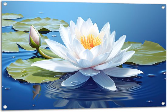 Tuinposter – Wit Vol Bloeiende Waterlelie op Water en Leliebladeren - Bloemen - 105x70 cm Foto op Tuinposter (wanddecoratie voor buiten en binnen)