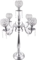 Kandelaar met 5 armen, kristallen decoratie, zilver, kristallen kaarsenhouder, gebruikt voor bruiloft, tafeldecoratie, verjaardagscadeau (zilver)