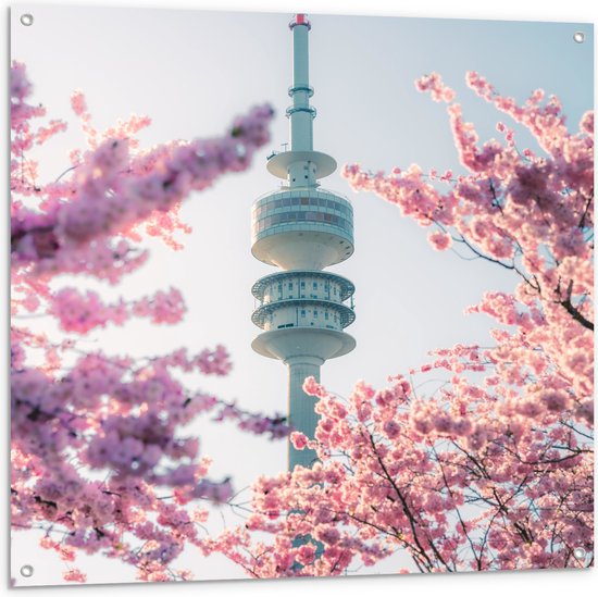 Tuinposter – Gebouw - Euromast - Bomen - Bloesem - 100x100 cm Foto op Tuinposter (wanddecoratie voor buiten en binnen)